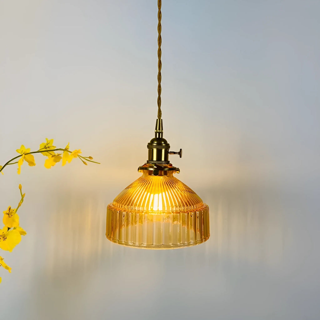 Nordic retro brass glass chandelier with H65 brass frame and amber glass shade on white background
