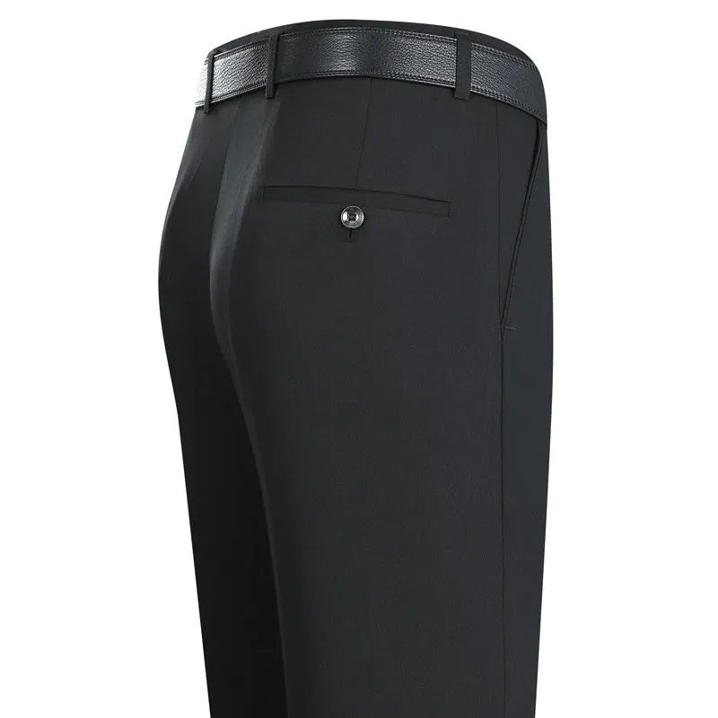 Men's straight-leg mulberry silk blend suit pants in dark blue on a hanger.