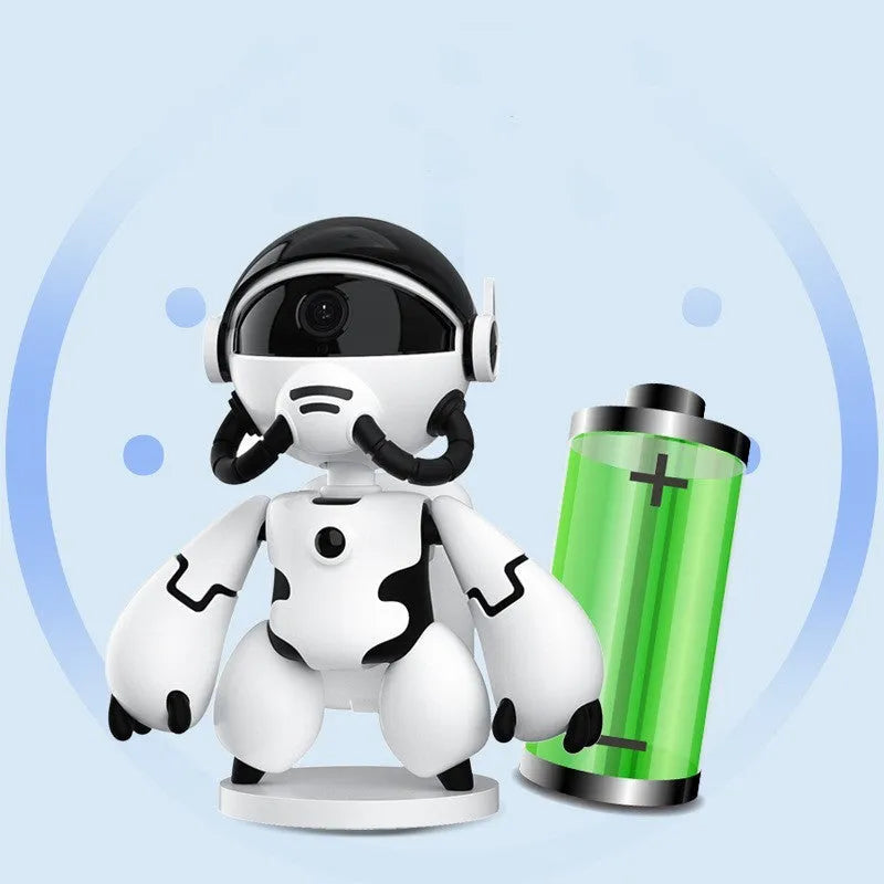 White battery-powered indoor security camera on a table with detachable base.