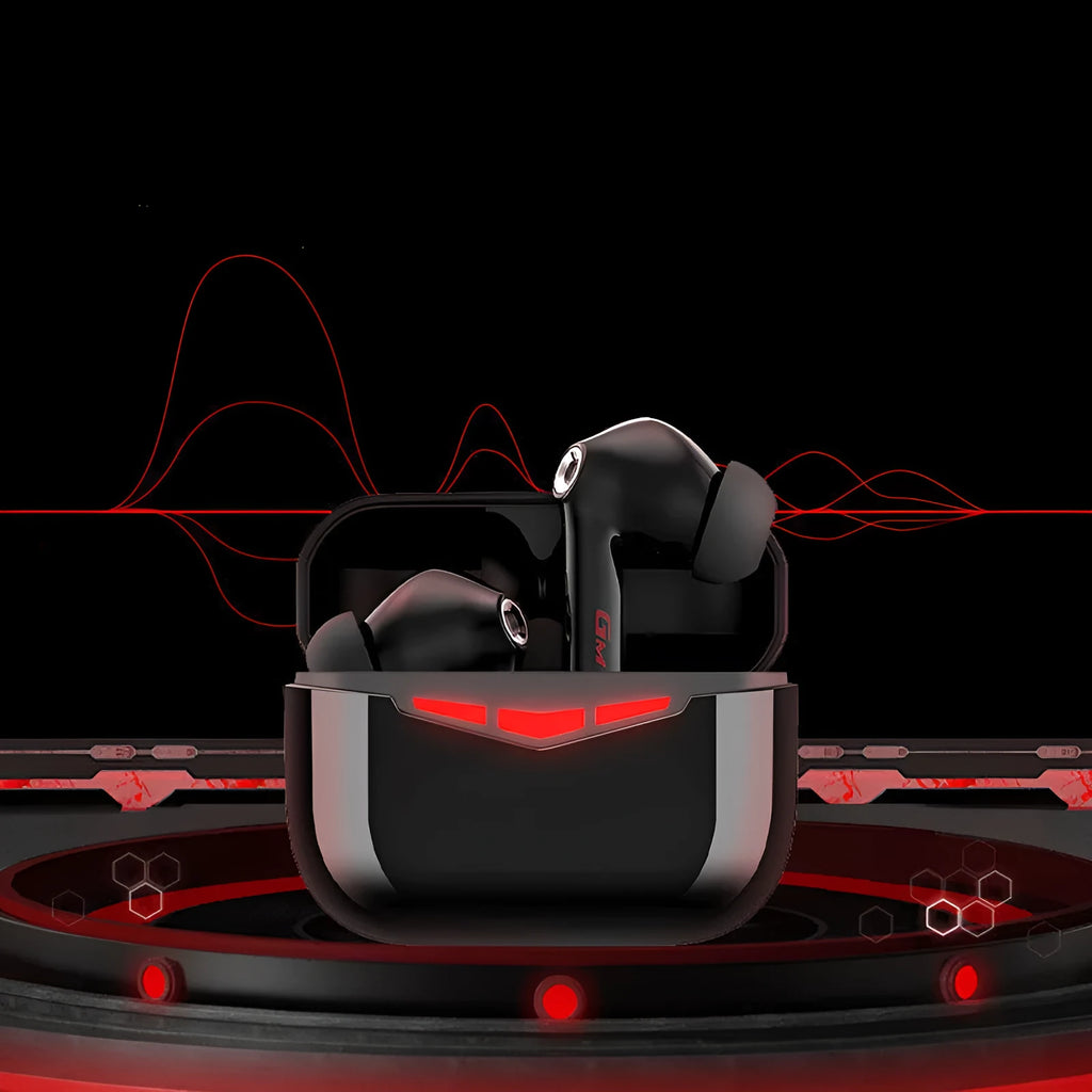 True wireless Bluetooth gaming headset with charging case in black, pink, white, or grey