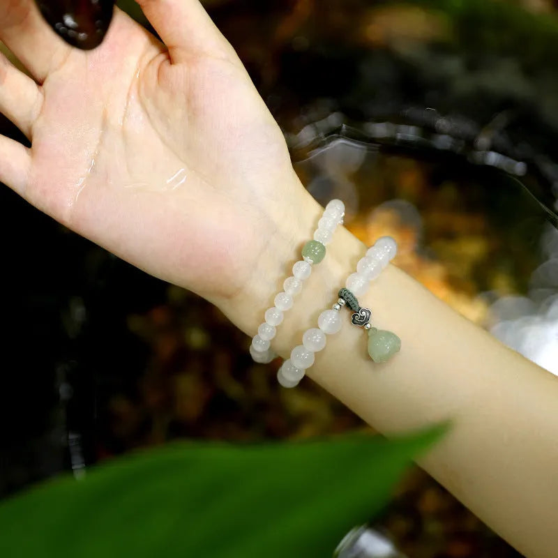 S925 silver bracelet with white agate and Hetian jade, lotus design, geometric national style for women