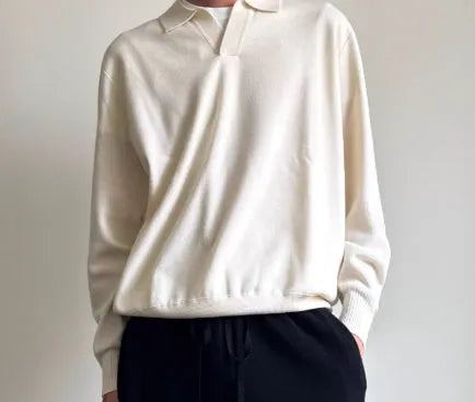Men's pure wool polo sweater with lapel collar in milky white colour