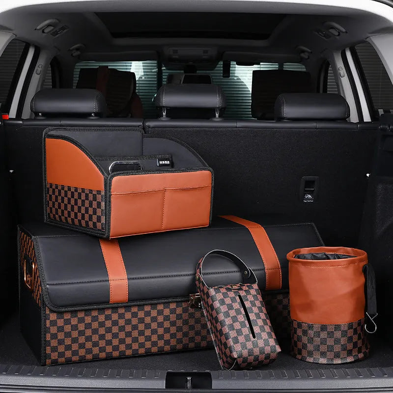 Retractable leather interior car trash can shown in colour from product pictures