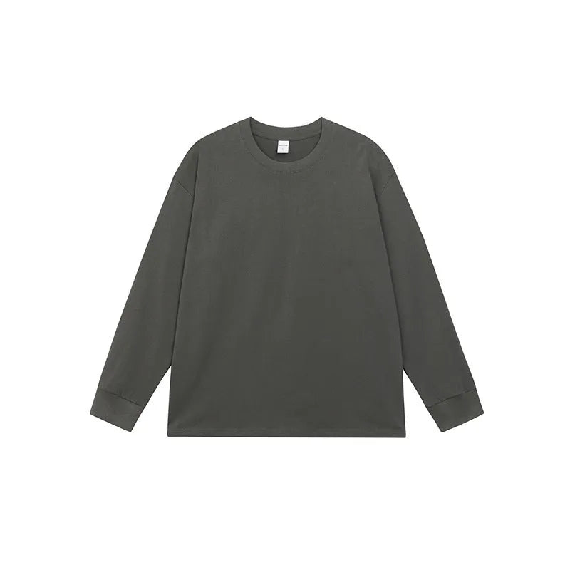 Men's pure cotton long sleeved T-shirt in solid colour, loose fit pullover style.
