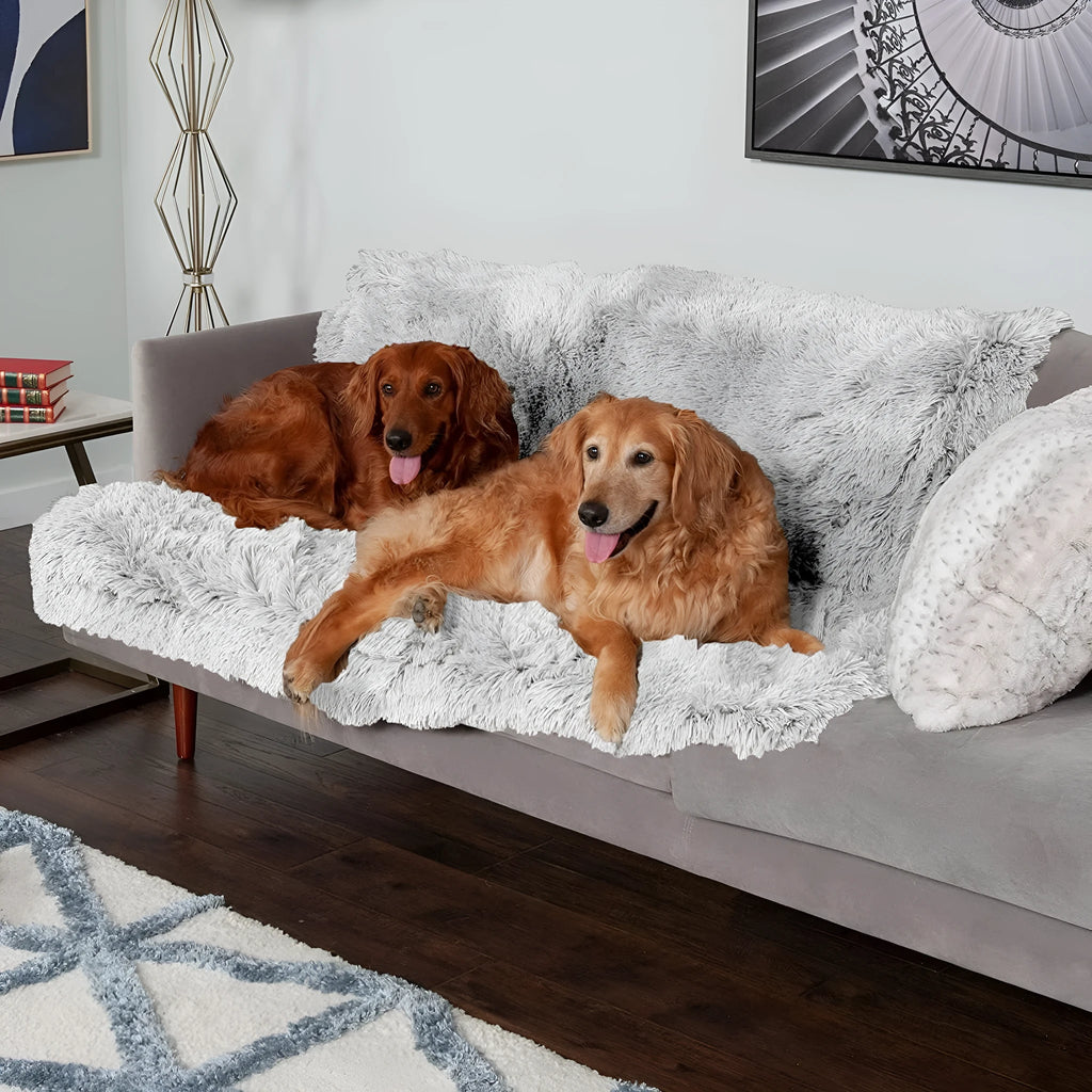 Plush waterproof double layer thickening dog cushion in dark gray, shown as pet mat on floor