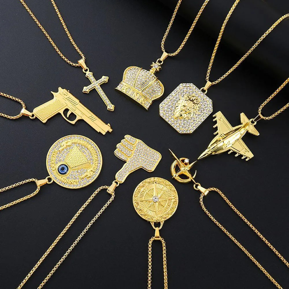 Gold tone geometric pendant necklace with inlaid zircon stones women's jewellery