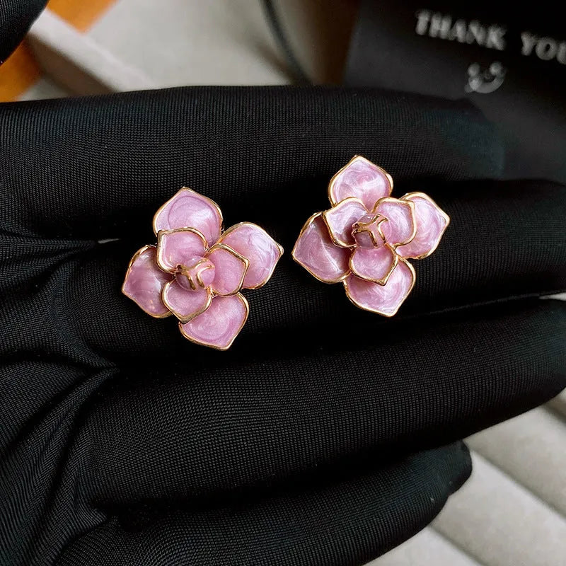 Purple oil-spot glaze flower stud earrings with gold plating on copper