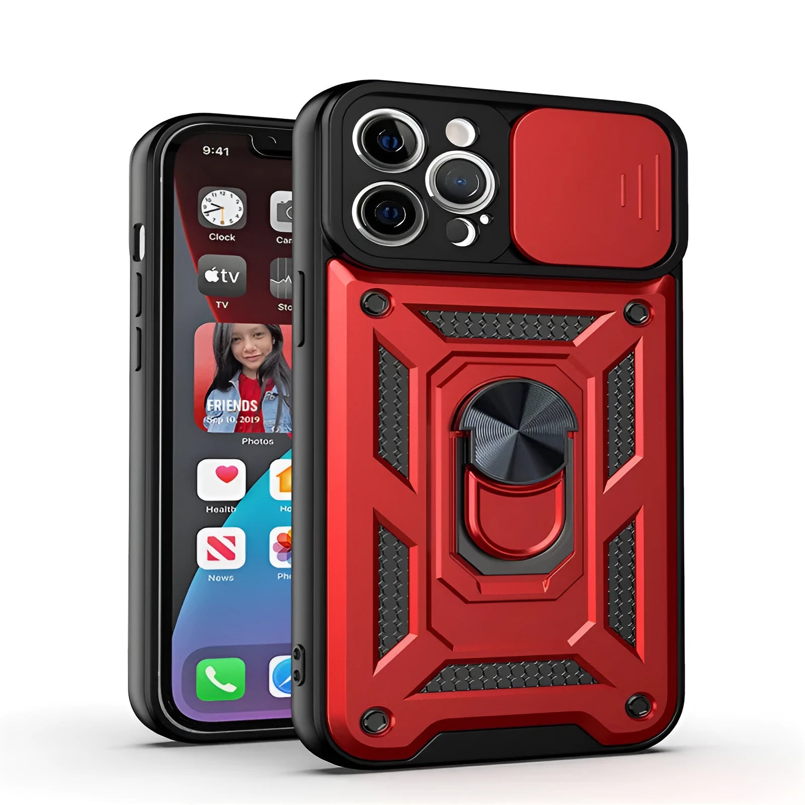 Sergeant sliding window mobile phone case with magnetic bracket in blue for iPhone showing open window