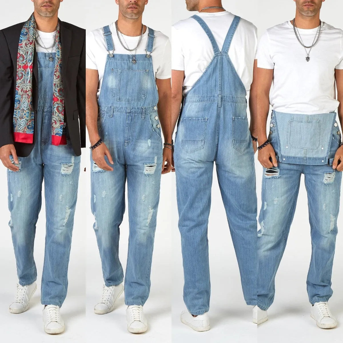 Men's high waist ripped suspender jeans in light blue polyester denim with button fly