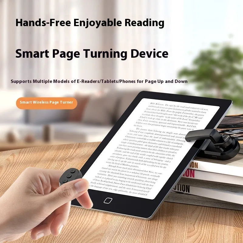 Wireless page turner remote control with clicker unit for hands-free navigation on reading devices