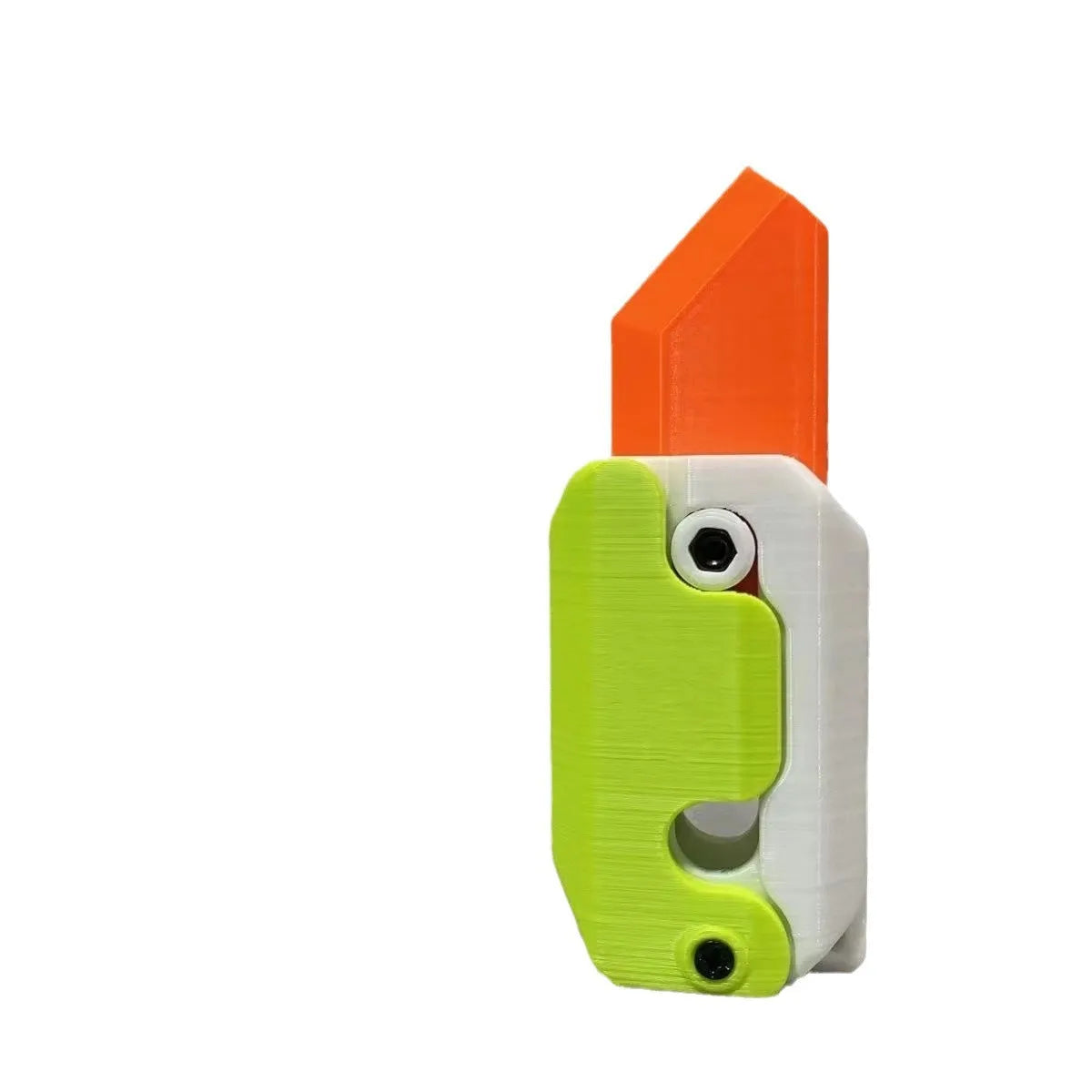 3D printed gravity carrot fidget knife in orange, purple and green colour on white background