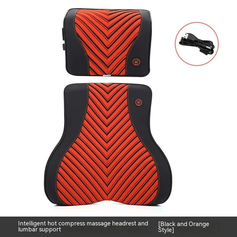 Car electric massage heating headrest lumbar support pillow with memory foam in black and orange