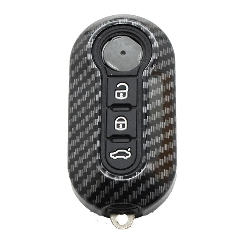 Fiat 500 Boyue car key shell in carbon fibre black ABS plastic, showing button layout.
