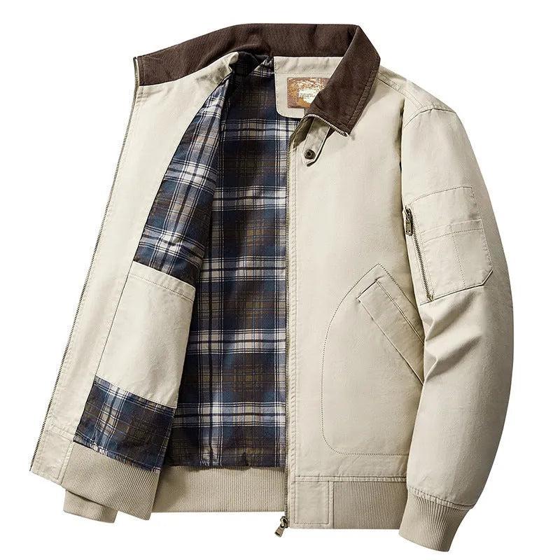 Men's camel washed cotton baseball jacket with a zip front and ribbed cuffs.