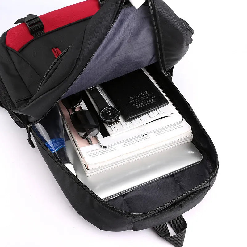 Waterproof nylon school backpack with airpillow straps, available in black, red, blue, and gray