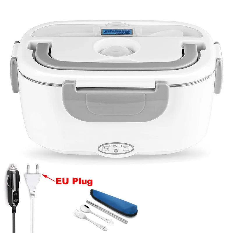 Grey dual-voltage electric lunch box for car and home use with stainless steel or plastic inner tank