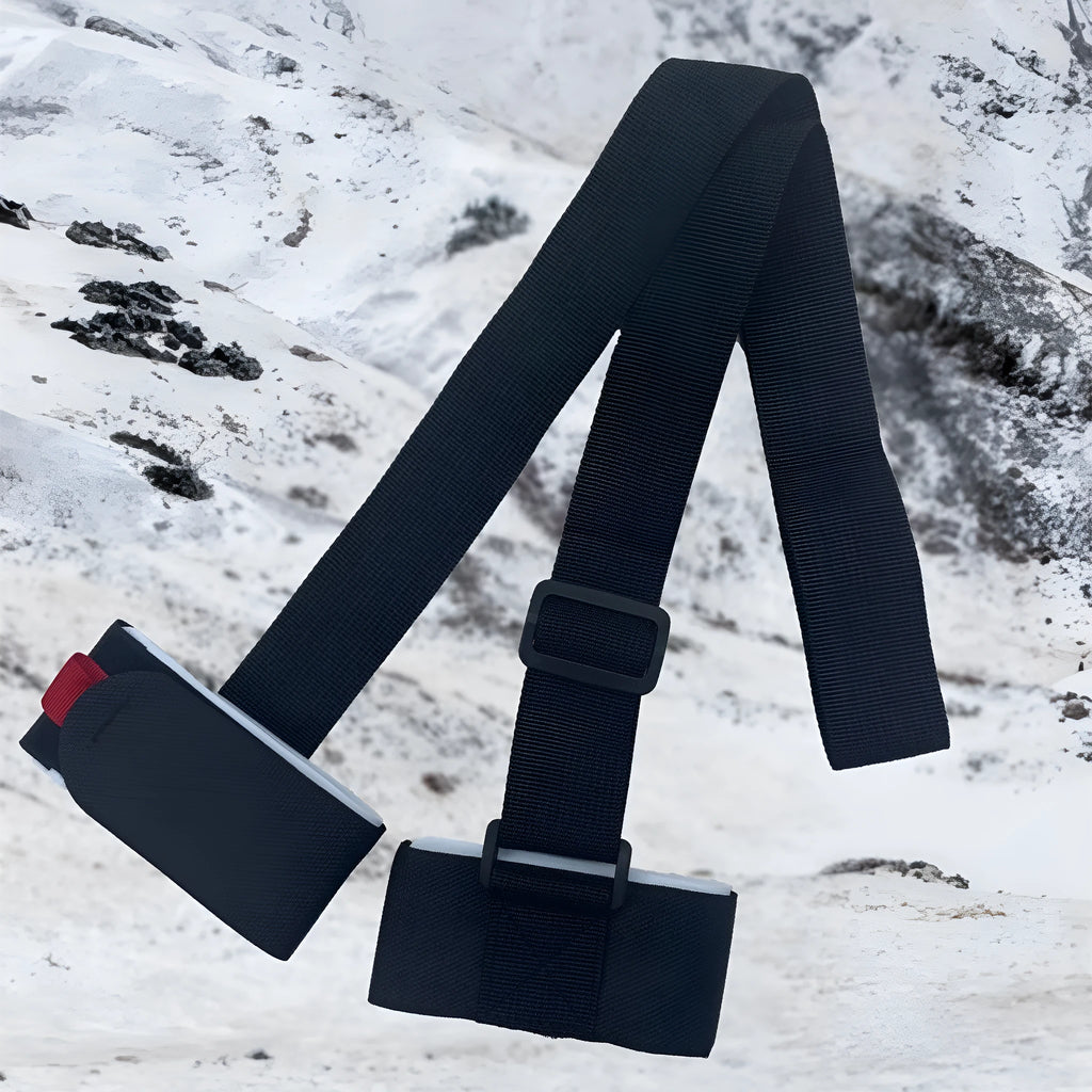 A black adjustable hook and loop shoulder strap for carrying a sled, showing the fixed sewing construction.