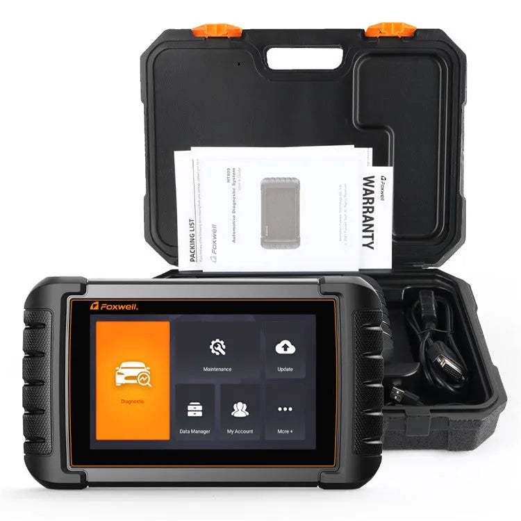 NT809 automotive full system diagnostic scanner with OBDII adapter and diagnostic cable on a workbench