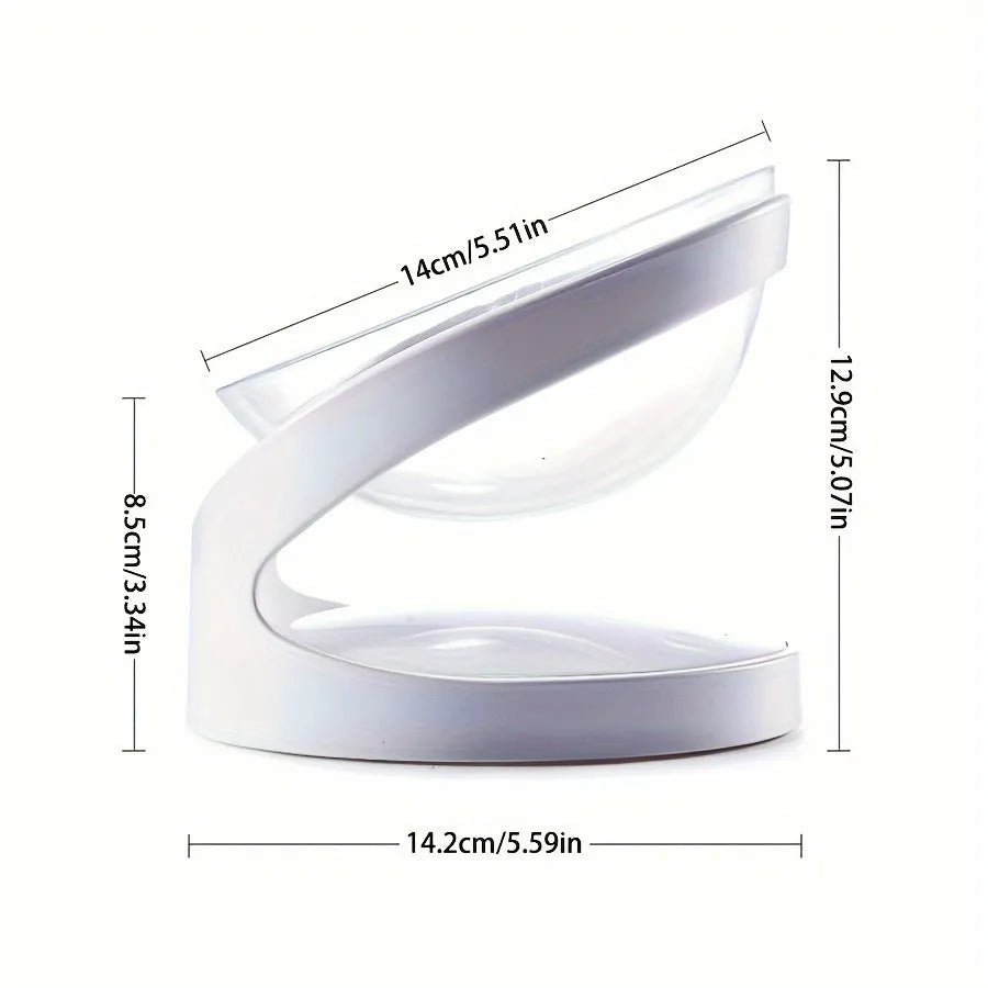 Clear plastic elevated cat food bowl with 15-degree tilt angle on white background