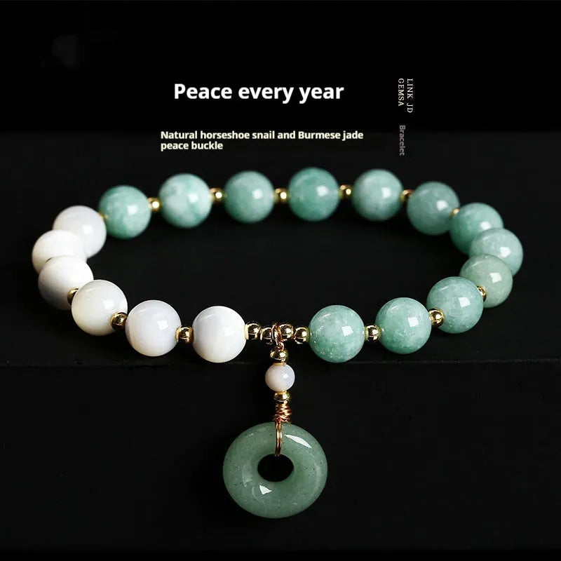Natural horseshoe screw Burma jade safety buckle bracelet with 8mm round beads and copper clasp