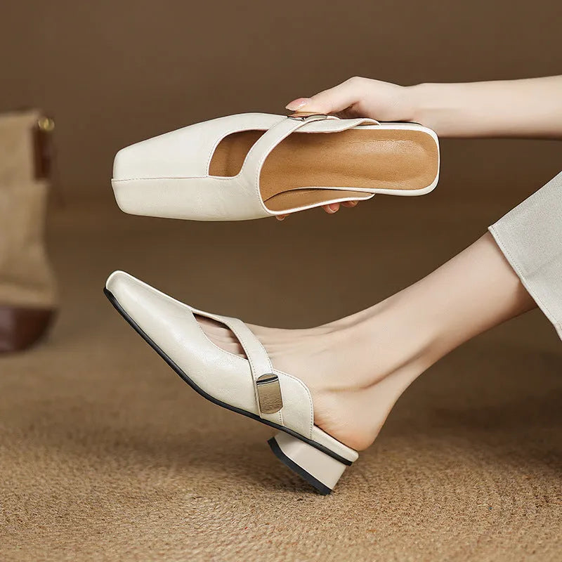 British-style square toe outdoor slippers with low heel and rubber sole
