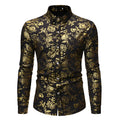 Man wearing a wine red casual lapel shirt with a metallic bronzing digital print design.