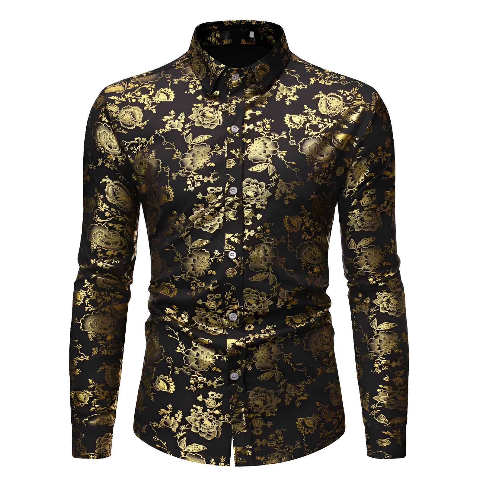 Man wearing a wine red casual lapel shirt with a metallic bronzing digital print design.