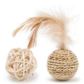Cat toy set showing rattan ball with bell and faux feather ball on neutral background