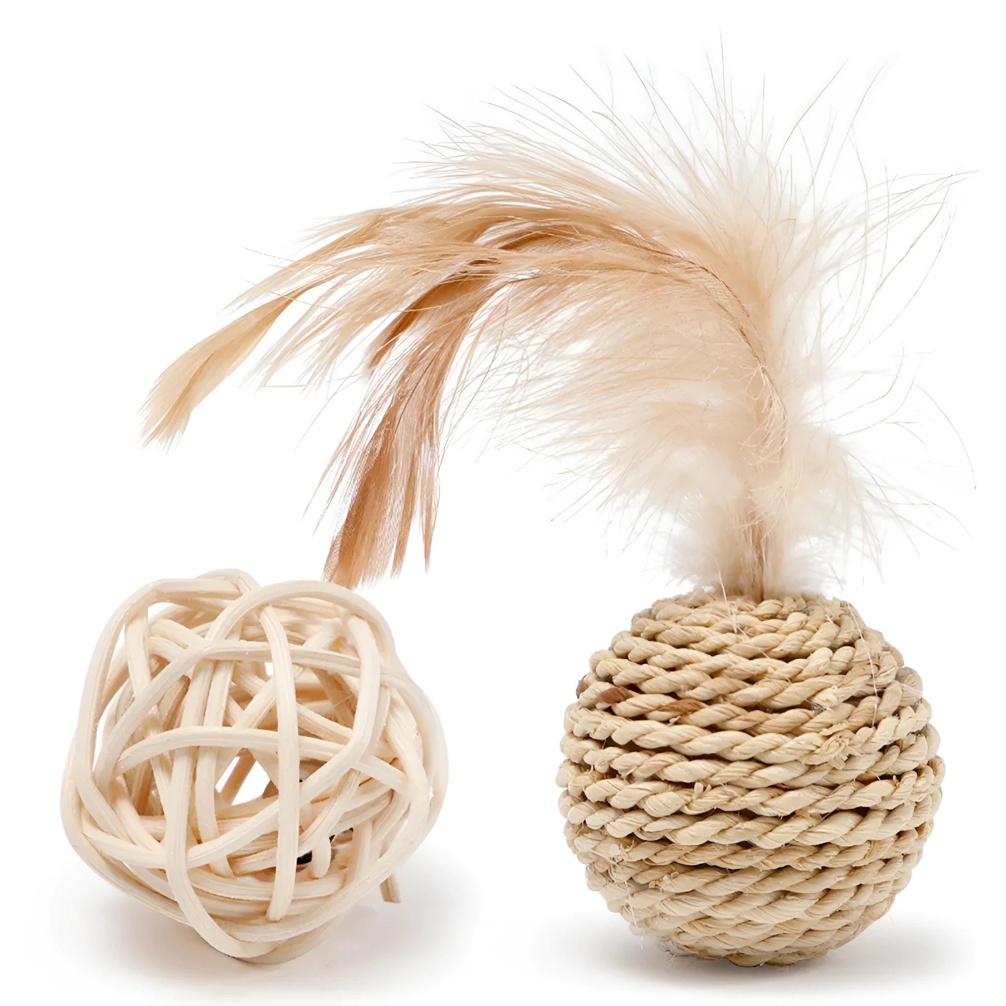 Cat toy set showing rattan ball with bell and faux feather ball on neutral background