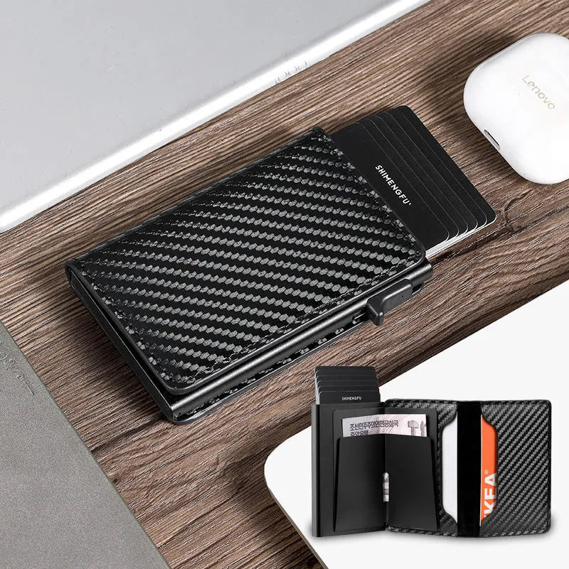 Pop-up aluminum alloy card wallet in retro style with anti-theft protection, available in multiple colours