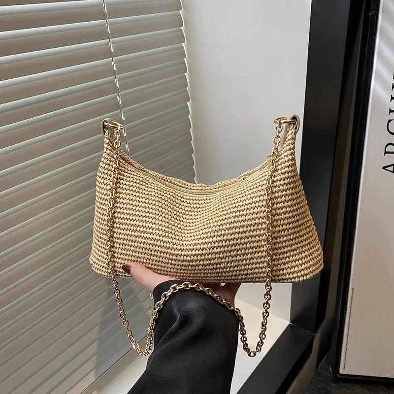 Women's woven straw crossbody bag in horizontal square shape with phone pocket, khaki colour