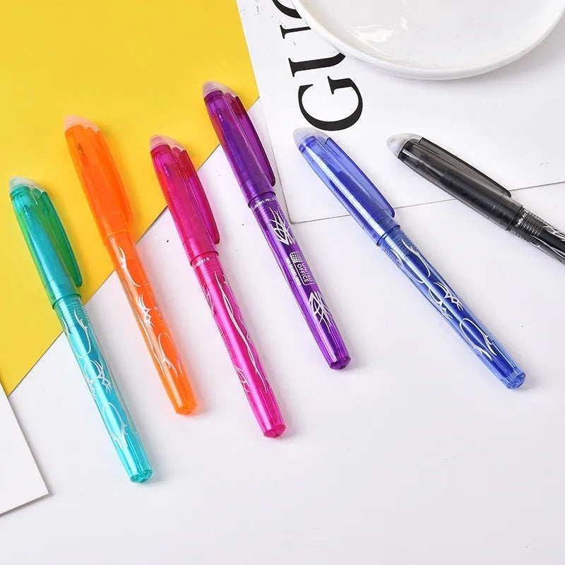 Set of multi-colour heat-erasable gel pens with plastic bodies and stainless steel nibs.