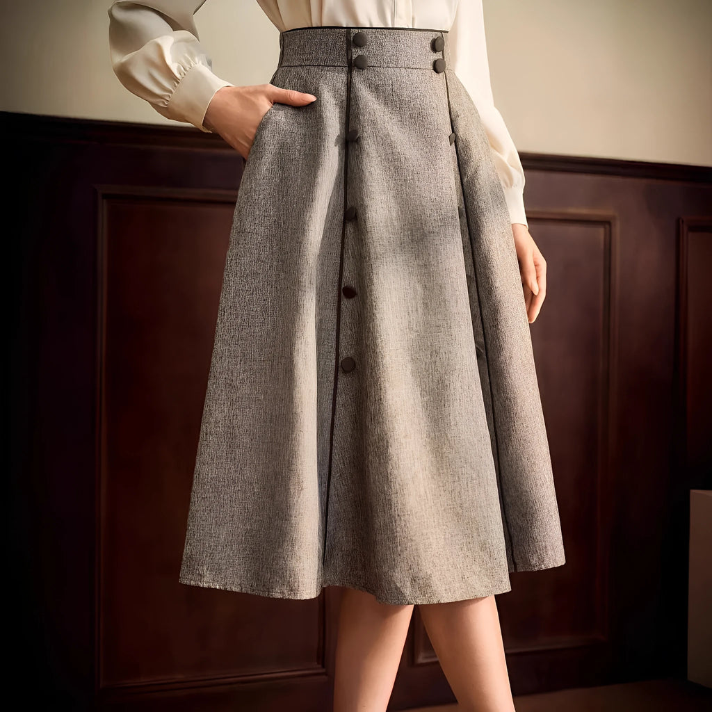 High-waisted slim A-line skirt for women in khaki with three-dimensional decoration, mid-length cut