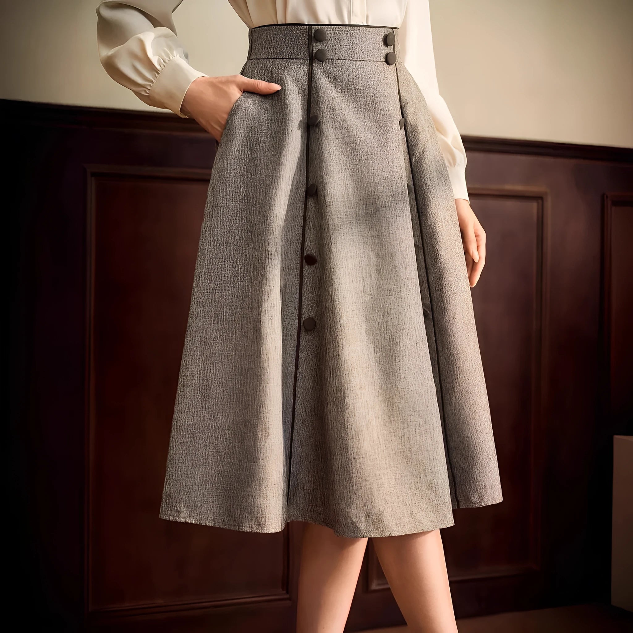 High-waisted slim A-line skirt for women in khaki with three-dimensional decoration, mid-length cut