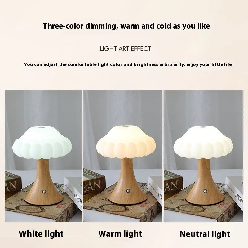 Small mushroom-shaped night lamp in wood grain colour with USB charging port and touch control.