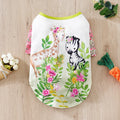 Colourful printed polyester t-shirt for a small dog, showing size options S, M, L, XL, XXL.