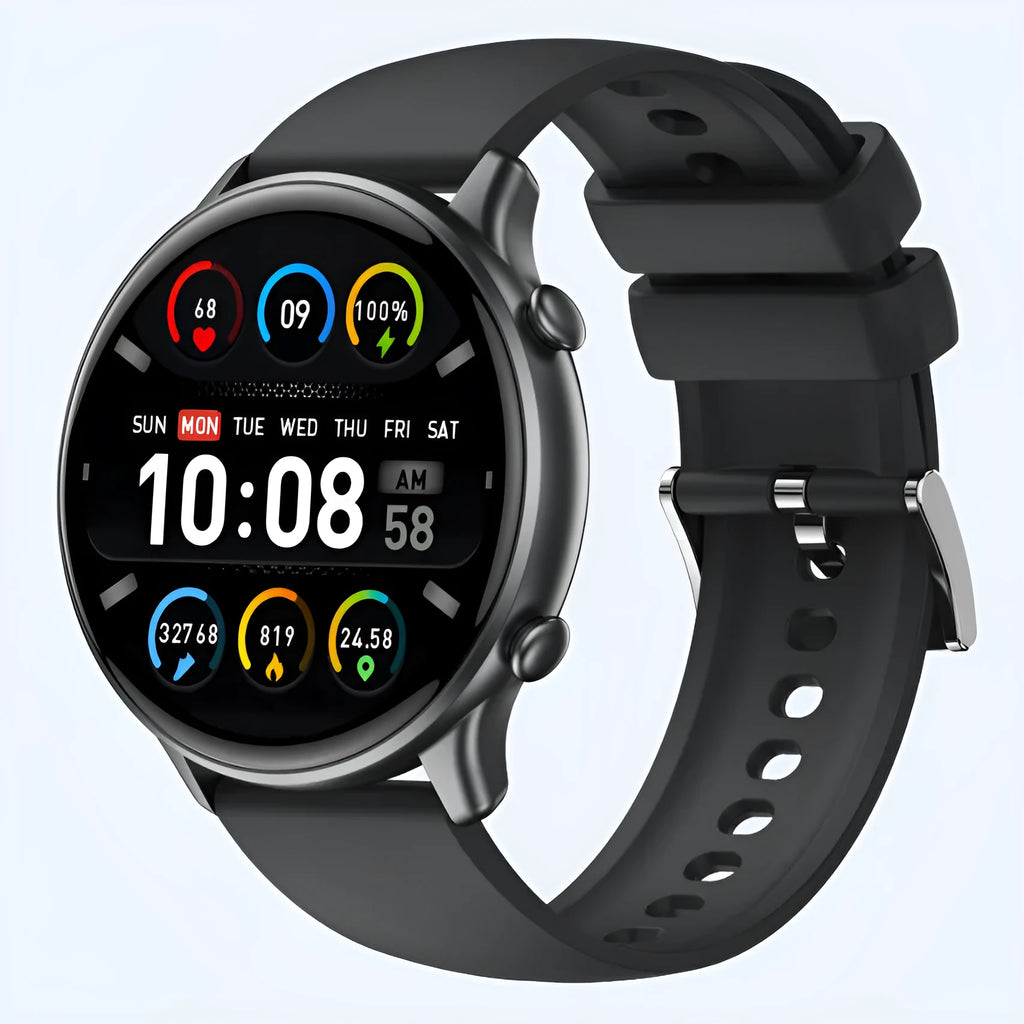 Smart sports watch with round full touch screen, silicone strap, heart rate and sleep monitoring, IP68 waterproof, in Black