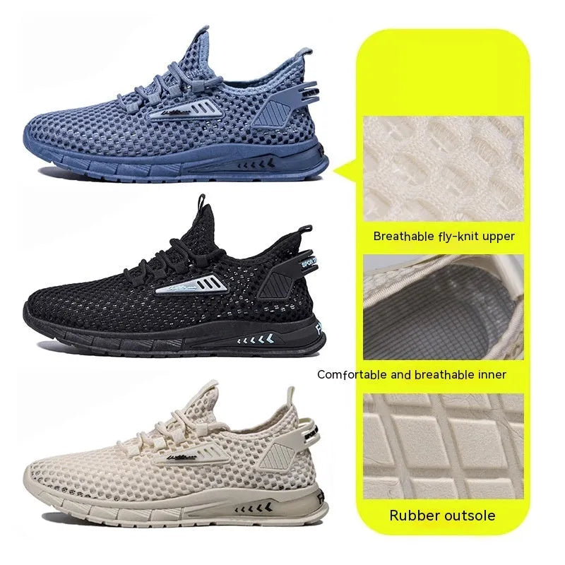 Men's beige casual sneakers with synthetic leather upper, mesh lining, and flat EVA sole on a white background
