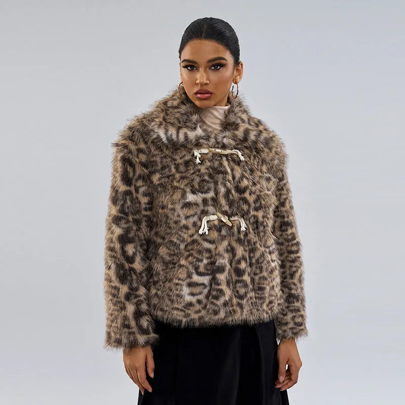 Women's leopard print coat with a buckle lapel closure and regular sleeves.
