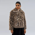 Women's leopard print coat with a buckle lapel closure and regular sleeves.