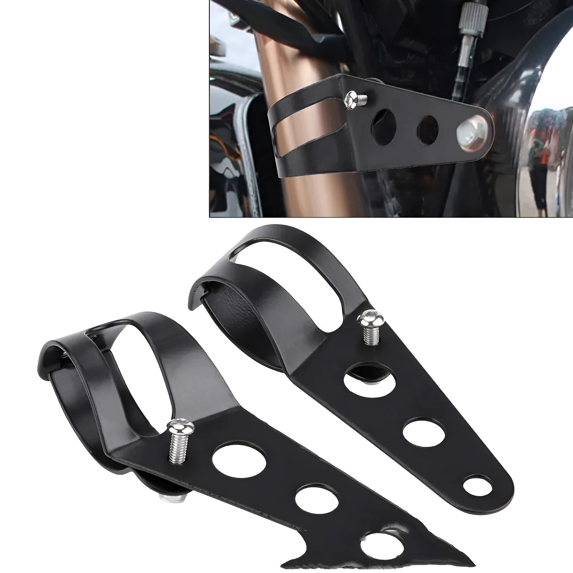 Pair of black iron motorcycle headlamp support brackets for retro modified headlamps, 27-36mm or 38-48mm sizes
