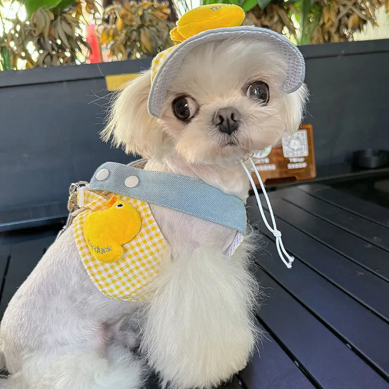 Three-piece dog harness set with leash attachment, rope toy, and matching hat for small to medium pets