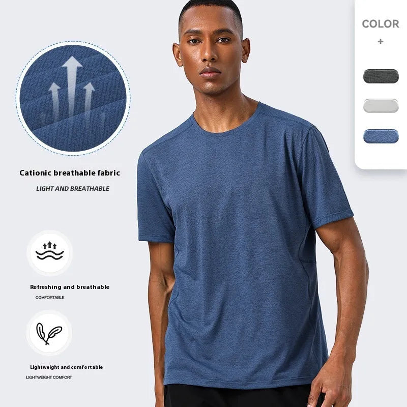 Men's lightweight quick-dry short sleeve t-shirt in light cloud gray with reflective strips, polyester fabric