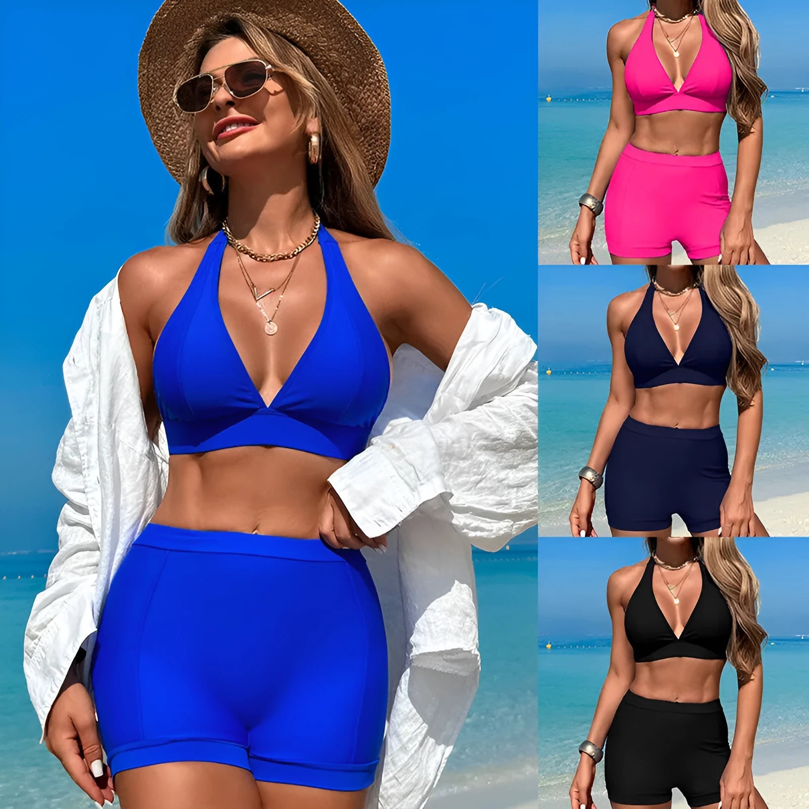 Women's black split bikini swimsuit on a hanger.