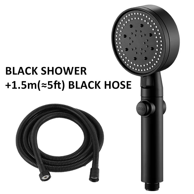 ABS pressurised 5-speed handheld shower head with large water output, 1.5m encrypted hose, in black finish
