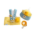 Three-piece dog harness set with leash attachment, rope toy, and matching hat for small to medium pets