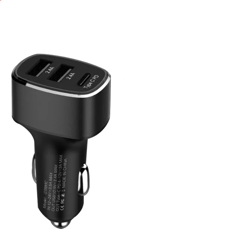 Car charger with dual USB and Type C ports, metal and PC construction, 12-24V fast charging