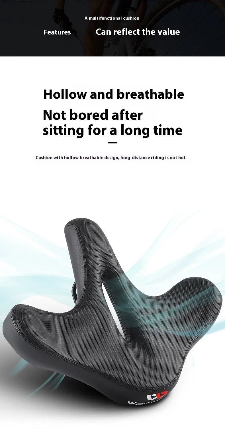 Black bicycle saddle cushion with thick foam padding for shock absorption on mountain bikes