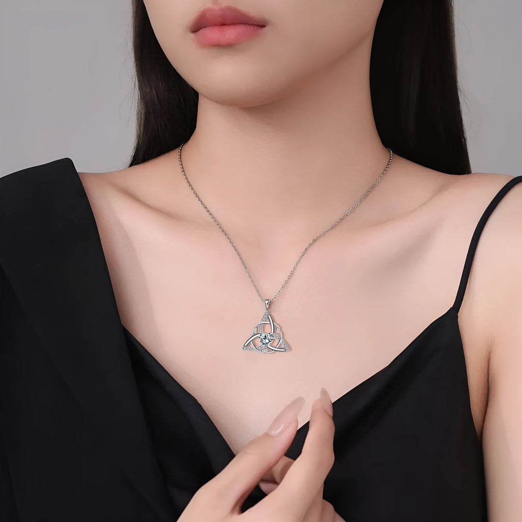 Copper Celtic knot necklace with geometric pendant design in choice of four electroplated colours