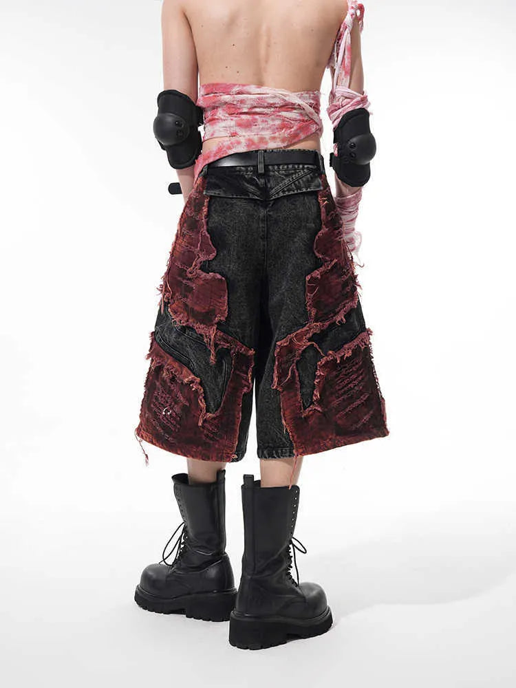 Distressed brushed stitching denim cropped pants for women, wide leg, mid-high waist, loose fit, picture colour